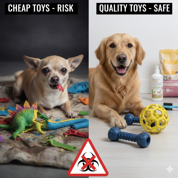 "CẢNH BÁO: VÌ SAO ĐỒ CHƠI GIÁ RẺ TIỀM ẨN RỦI RO CHO THÚ CƯNG?" class=